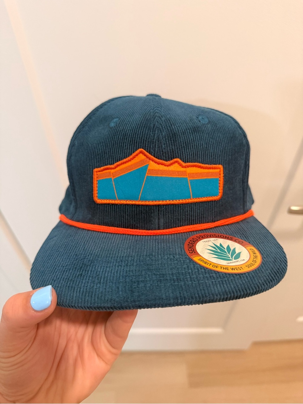 Teal Corduroy Snapback Hat with Orange Trim and Patch